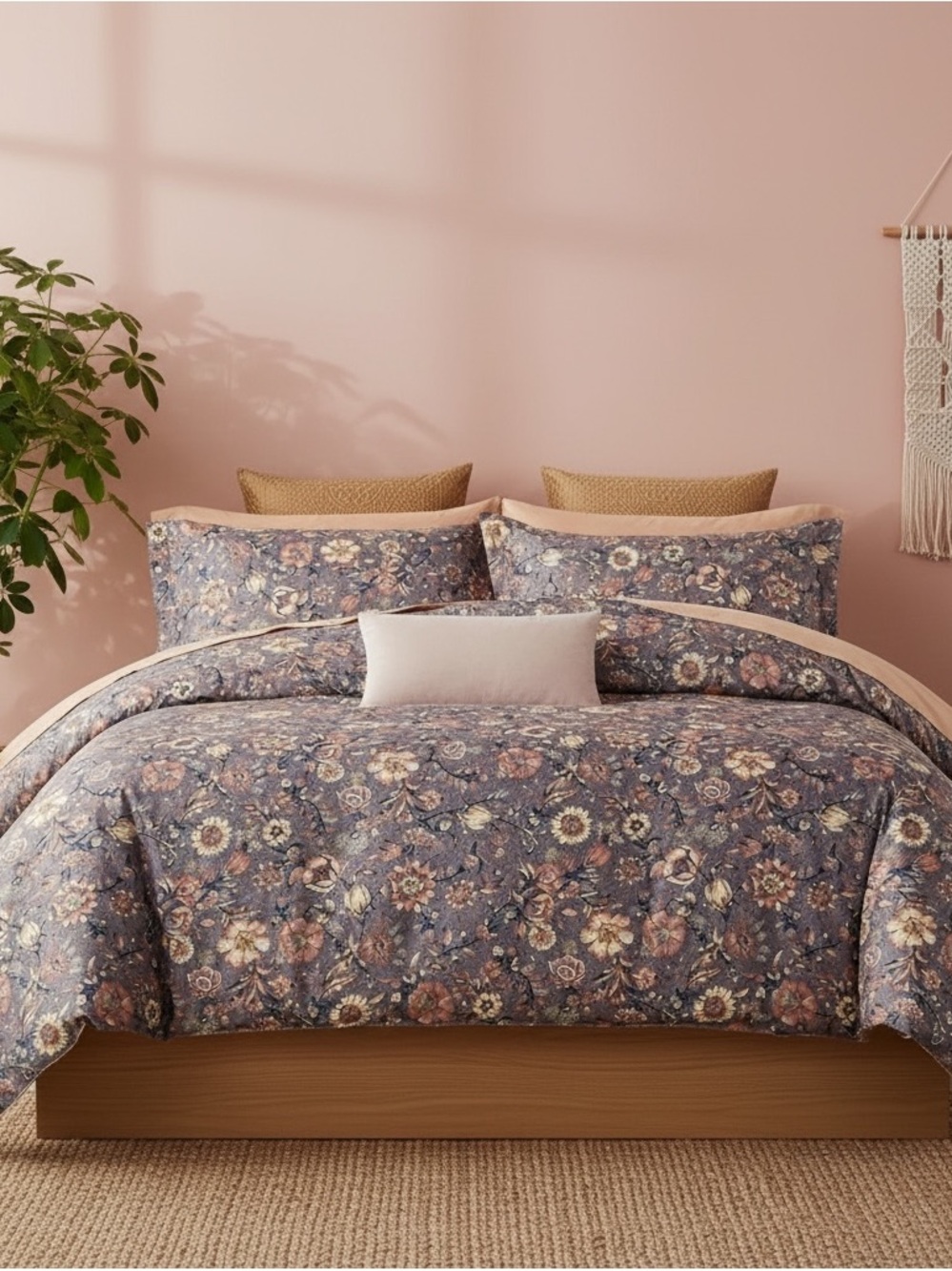 NEW Anthropologie Purple Floral Boho Queen / King Comforter Bedding & Sham Set